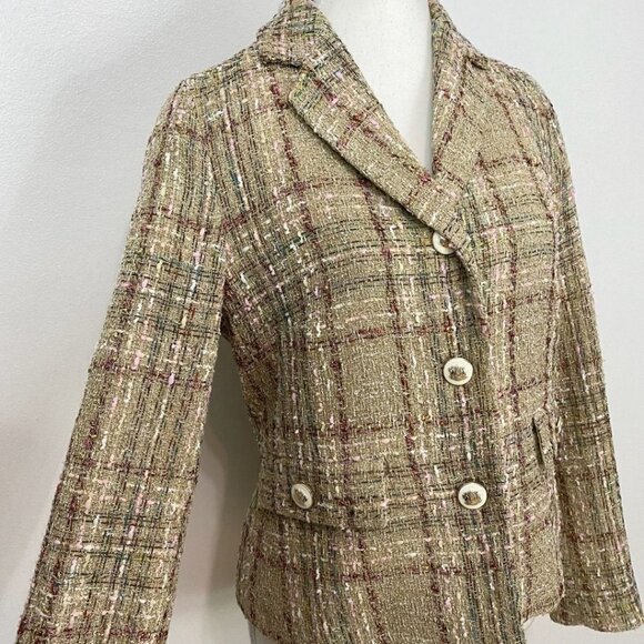 ZARA BEIGE METALLIC PLAID CROPPED TWEED BLAZER 2402/776 - M - Picture 6 of 10